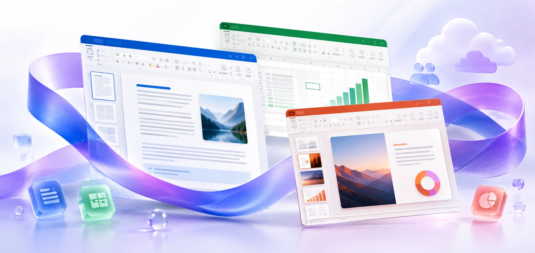 Маркетинговая иллюстрация Microsoft 365 с интерфейсами Word, Excel и PowerPoint