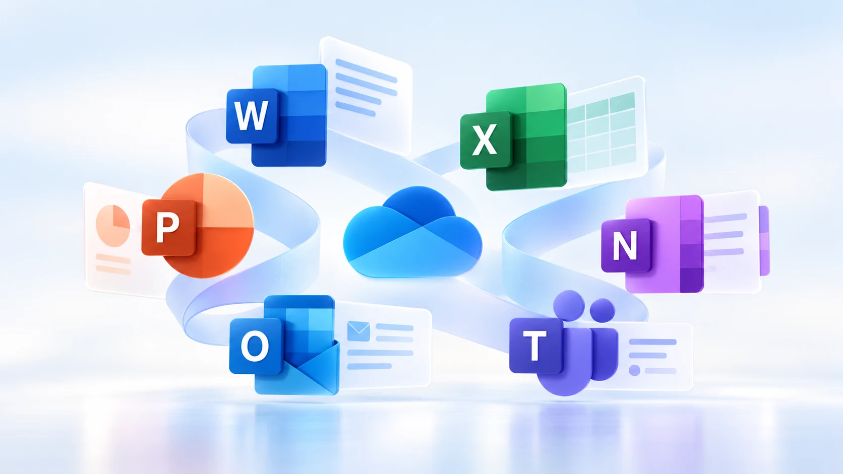 Современная композиция приложений Microsoft 365: Word, Excel, PowerPoint, Outlook, OneNote, Teams и OneDrive.