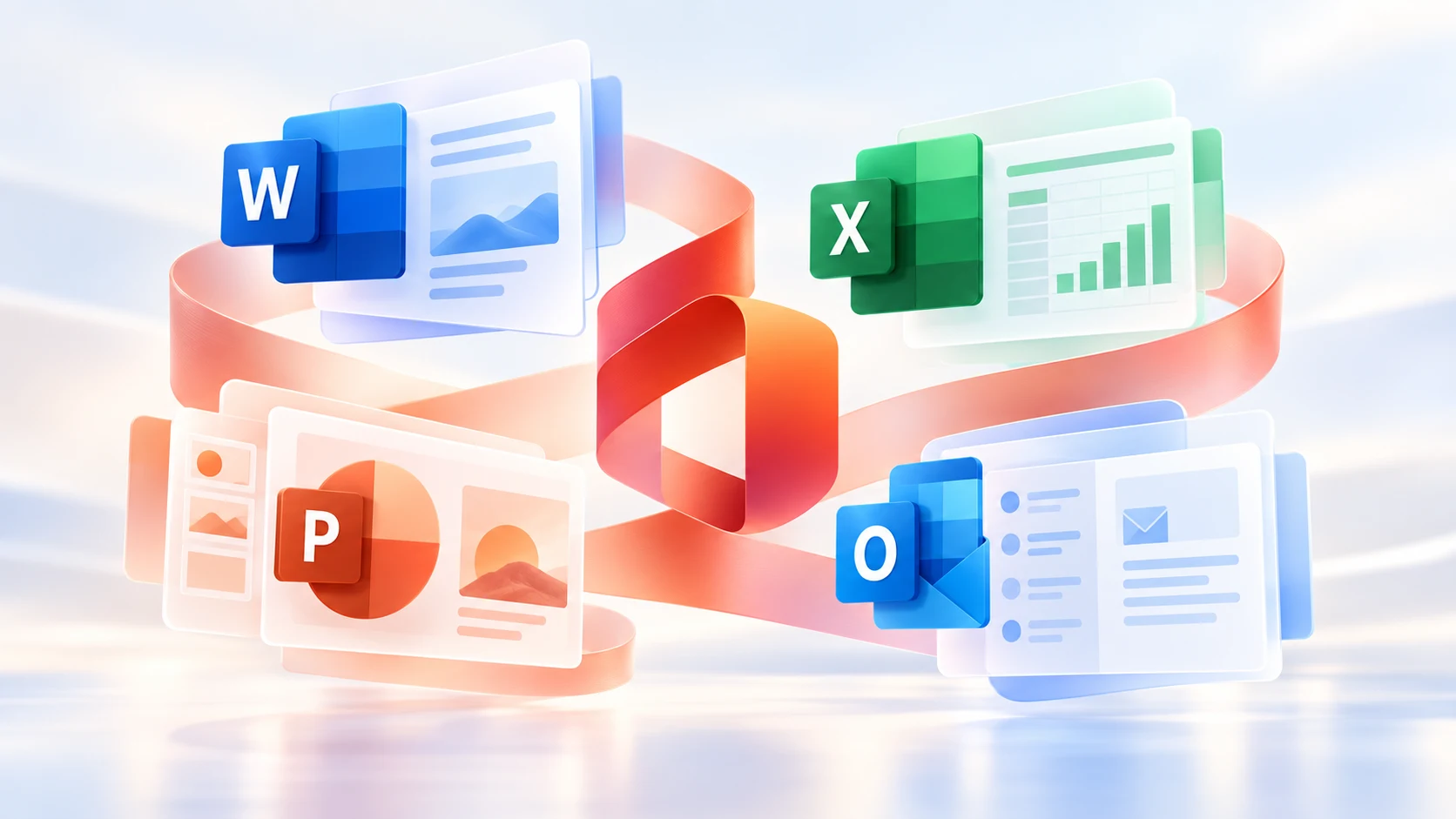 Современная композиция приложений Microsoft Office 2024: Word, Excel, PowerPoint и Outlook.